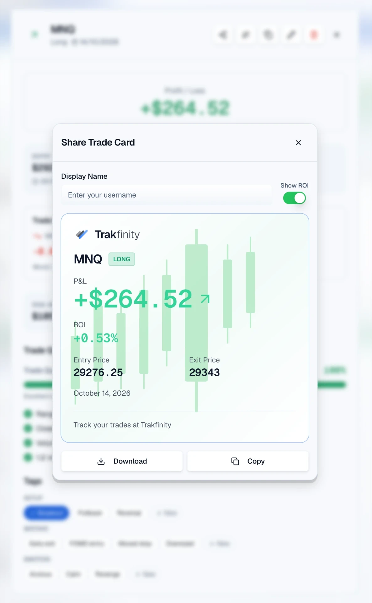 Trakfinity share trade card with example MNQ profit and return