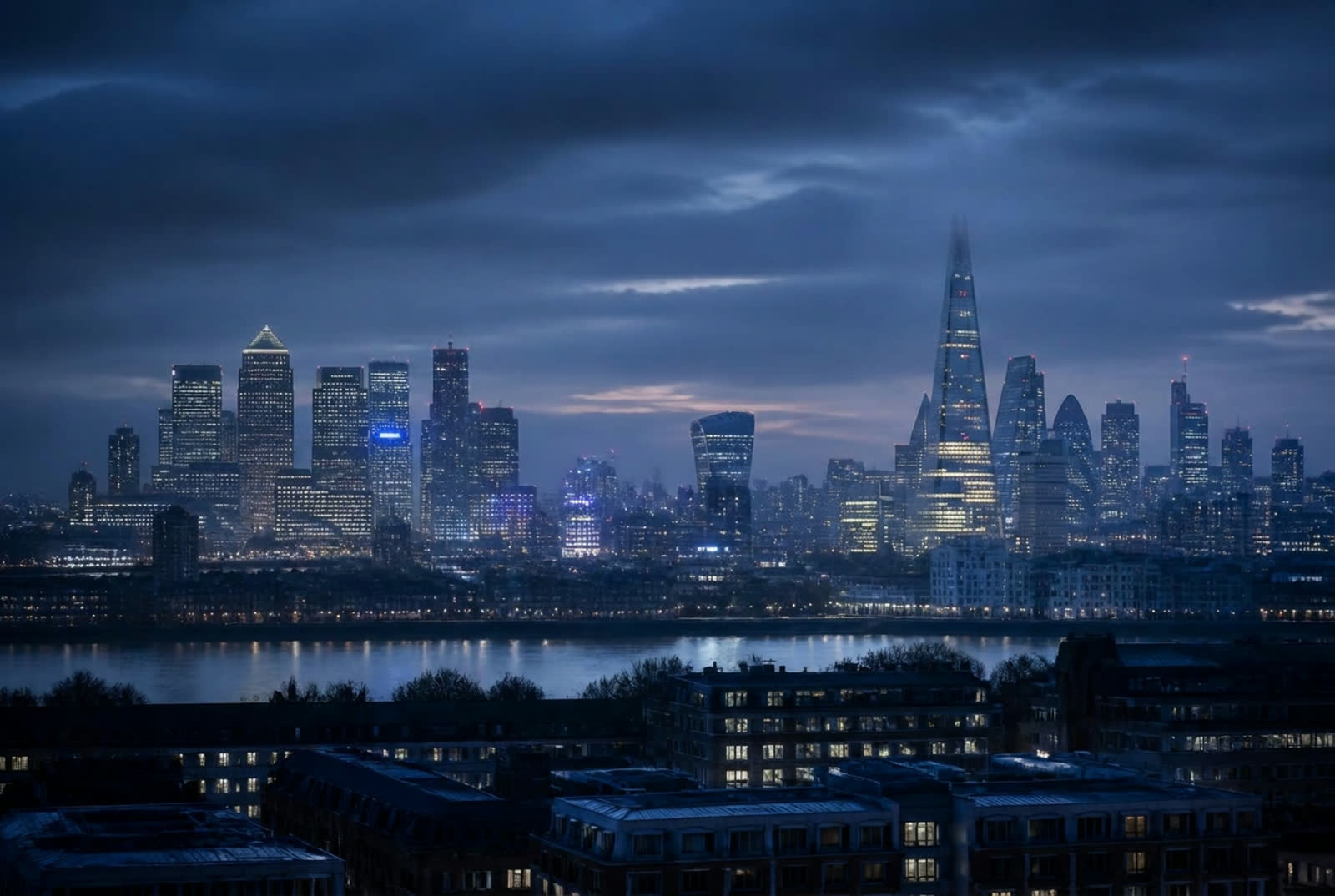 London financial district skyline at dusk, where Trakfinity is built